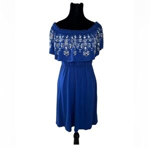Soma Blue White Embroidered Flounce Dress Small Off Shoulder Pull On Stretch